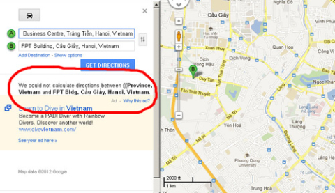 Ngay cả trên bản đồ trực tuyến, tính năng dẫn đường cũng không còn thực hiện được. Một thông báo đưa ra từ Google sau khi người dùng thử sử dụng tính năng dẫn đường.