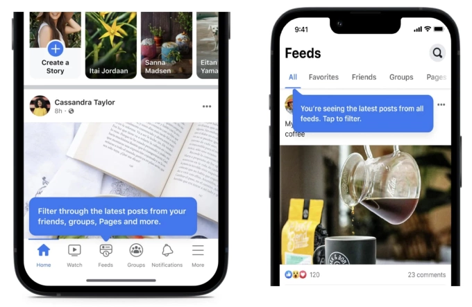 Năm 2022, Facebook bỏ cách gọi News Feed cho giao diện chính, thay vào đó là Feeds ngắn gọn hơn. Dù không có thay đổi lớn về mặt thẩm mỹ, nó được đánh giá là thể hiện sự thay đổi trong cách Facebook muốn người dùng xem thông tin trên mạng xã hội. Đây cũng là thay đổi lớn sau thời gian nền tảng của Zuckerberg đối mặt với hàng loạt bê bối về dữ liệu, lan truyền thông tin sai lệch.
